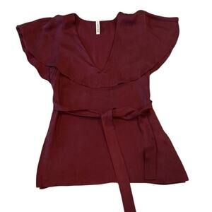 STATE OF BEING Burgundy Flutter Sleeve V Neck Belted Peplum Top Size S